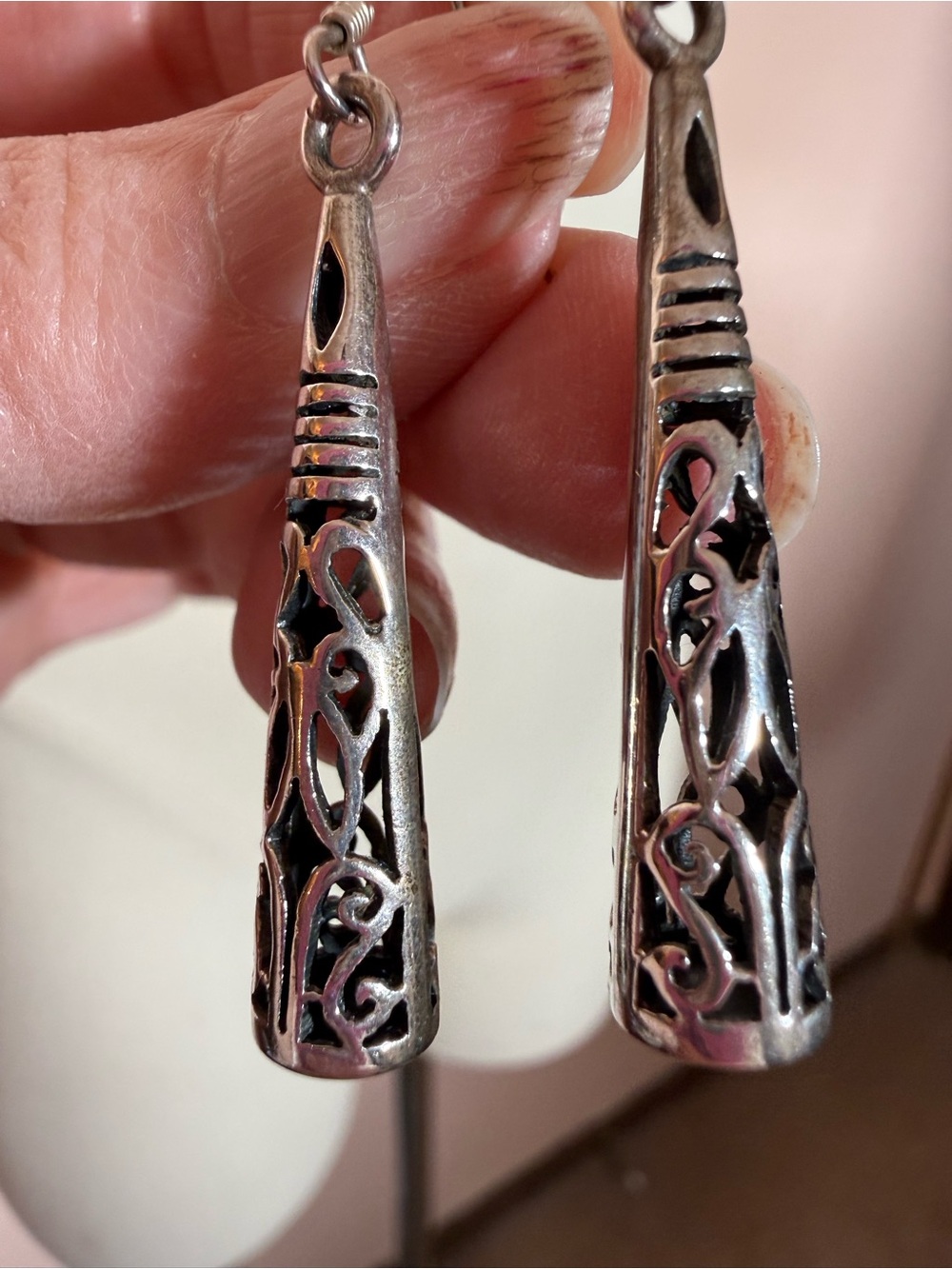 Sterling silver southwestern scrolling Byzantine long narrow drop earrings